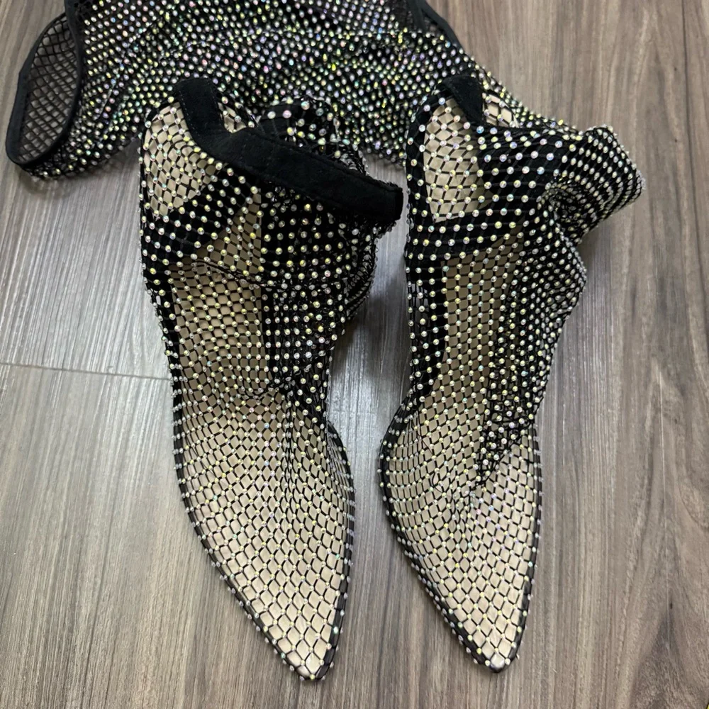 Ladies sz 44 Stiletto High Heel Over The Knee Black Fishnet Mesh Gem Rhinestone - Picture 11 of 12